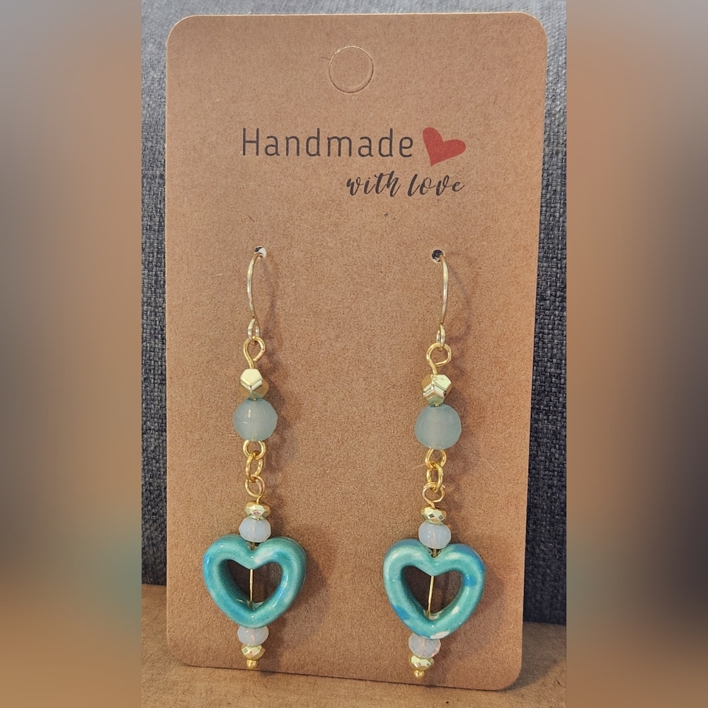 Handmade Gold and Blue Heart Earrings